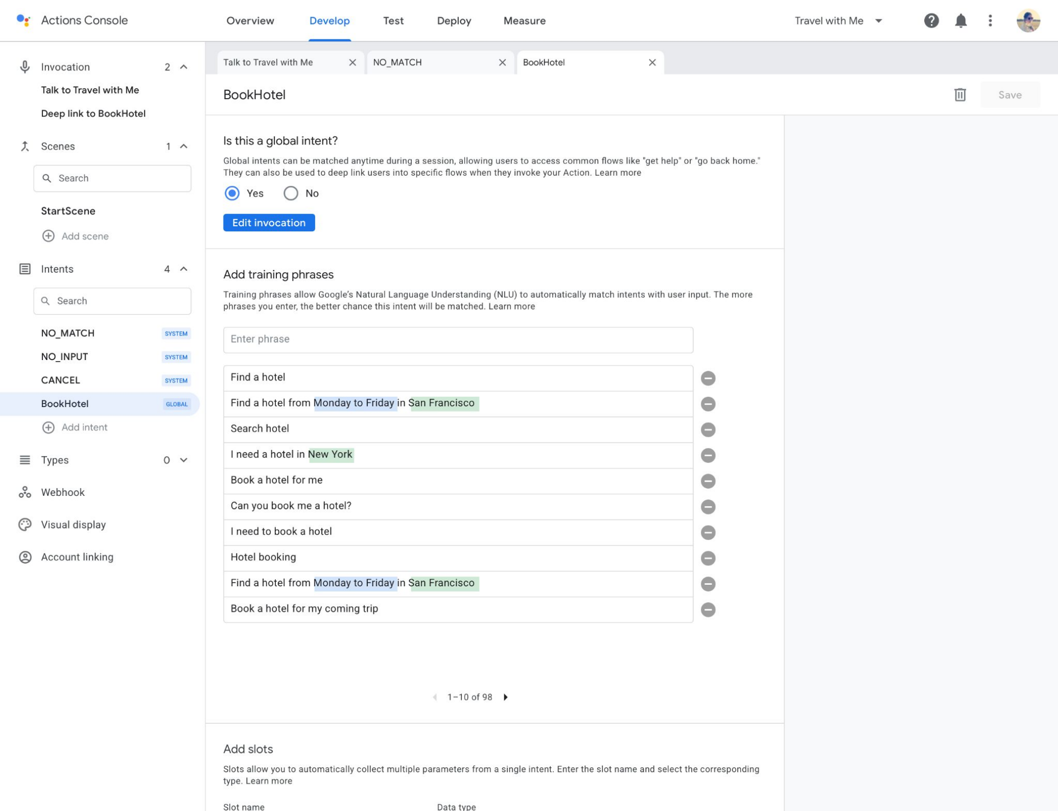Google Assistant — Conversation builder — Interaction model (3)
